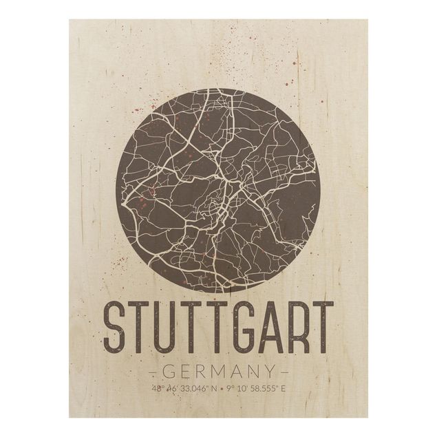 Holzbild Weltkarte Stadtplan Stuttgart - Retro