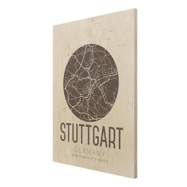 Bilder auf Holz Stadtplan Stuttgart - Retro