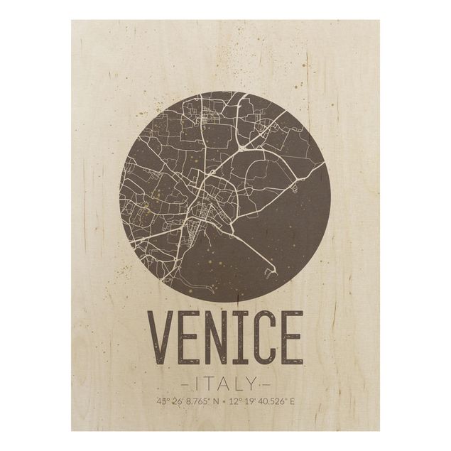 Holzbild Weltkarte Stadtplan Venice - Retro