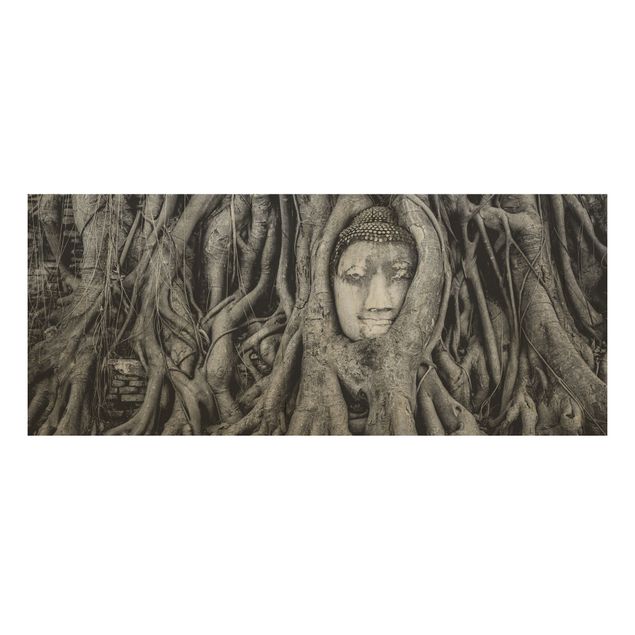 Holzbilder Natur Buddha in Ayutthaya von Baumwurzeln gesäumt in Schwarzweiß