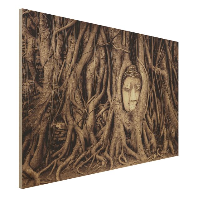 Holzbild Blumen Buddha in Ayutthaya von Baumwurzeln gesäumt in Braun