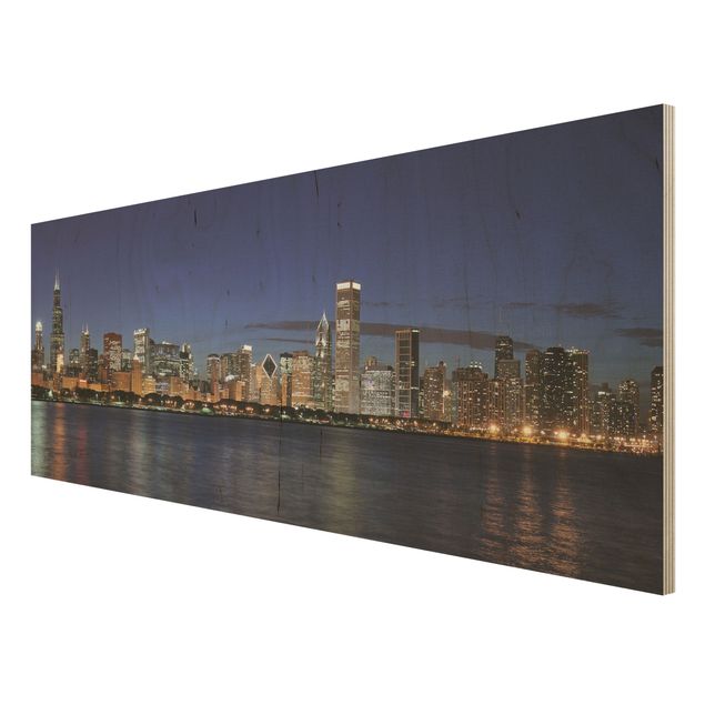 Holz Wandbild - Chicago Skyline bei Nacht - Panorama Quer