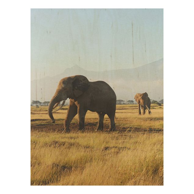 Holzbilder Syklines Elefanten vor dem Kilimanjaro in Kenya