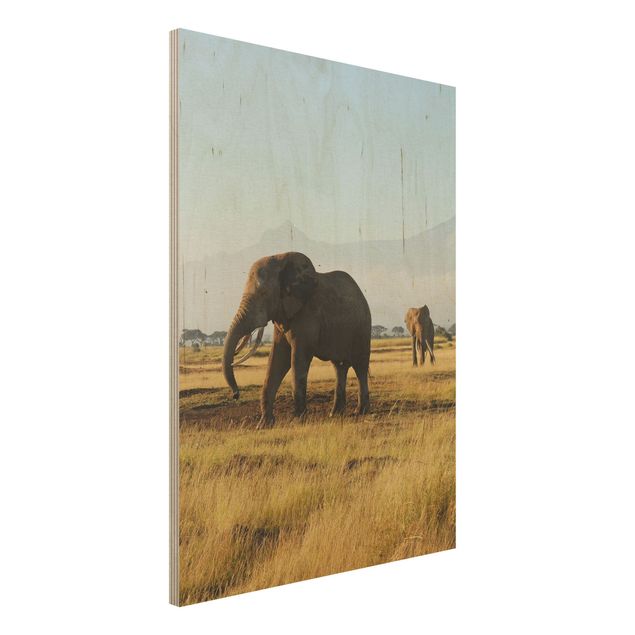Holzbilder Natur Elefanten vor dem Kilimanjaro in Kenya
