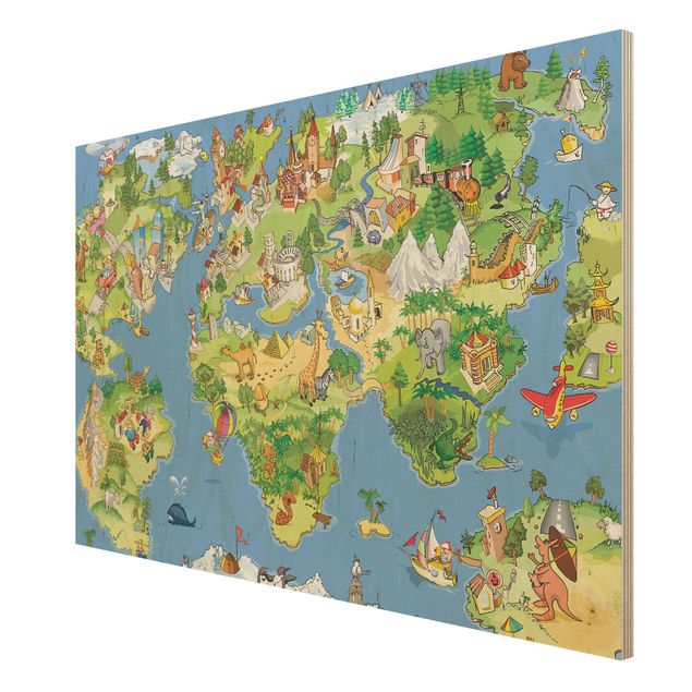 Holzbild Weltkarte - Great and funny Worldmap - Quer 3:2