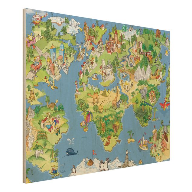 Holzbild Weltkarte Great and Funny Worldmap