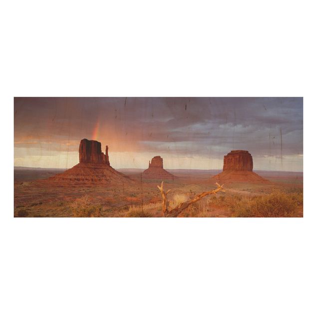 Wandbild aus Holz - Monument Valley bei Sonnenuntergang - Panorama Quer