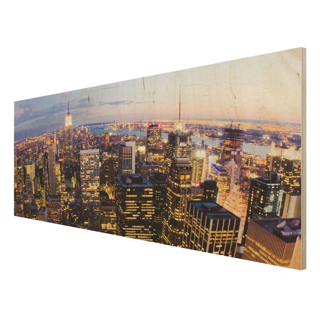 Holzbild - New York Skyline bei Nacht - Panorama Quer