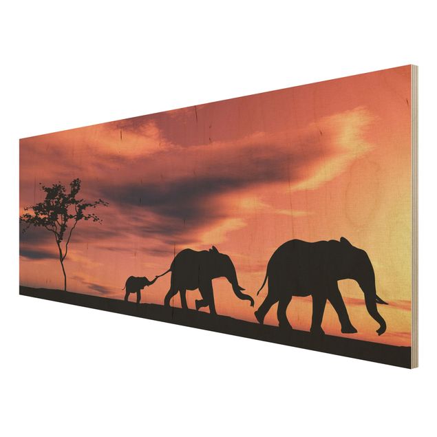 Holzbild - Savannah Elefant Family - Panorama Quer