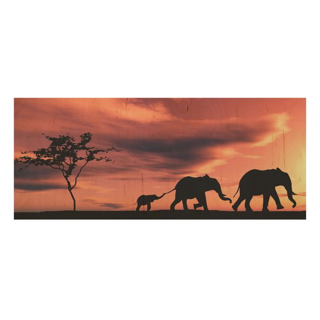 Wandbild Holz Savannah Elefant Family