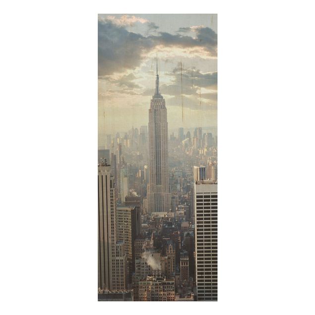 Holz Wandbild - Sonnenaufgang in New York - Panorama Hoch