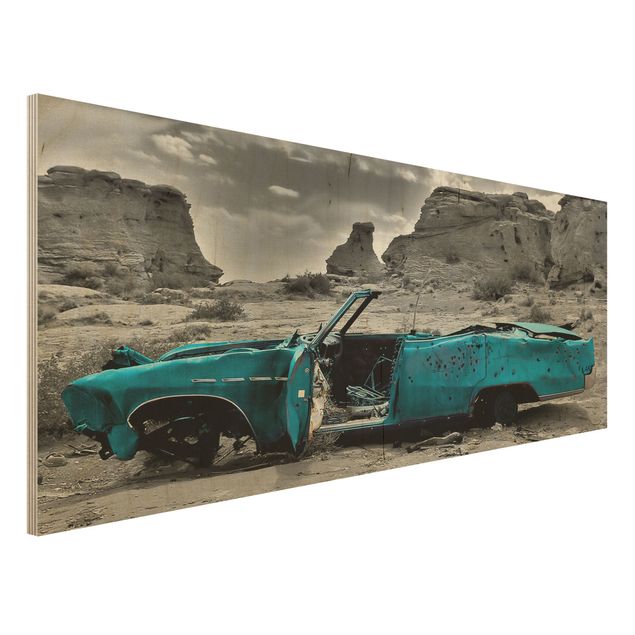 Holzbild - Türkiser Cadillac - Panorama Quer