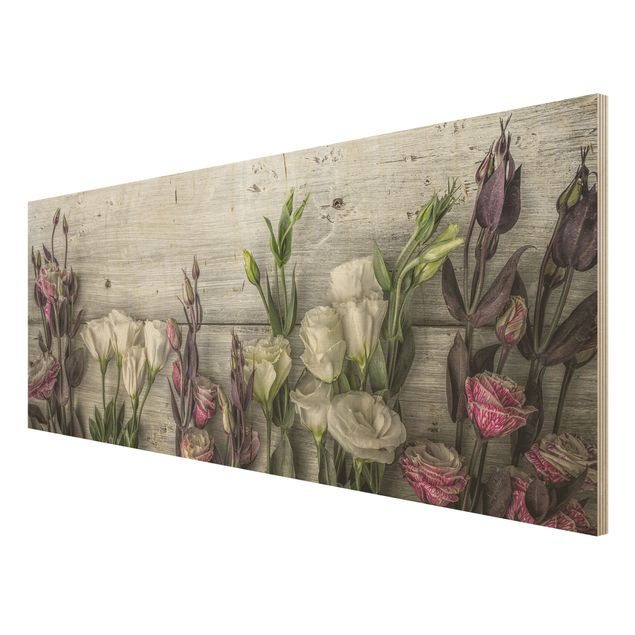 Holzbild - Tulpen-Rose Shabby Holzoptik - Panorama Quer