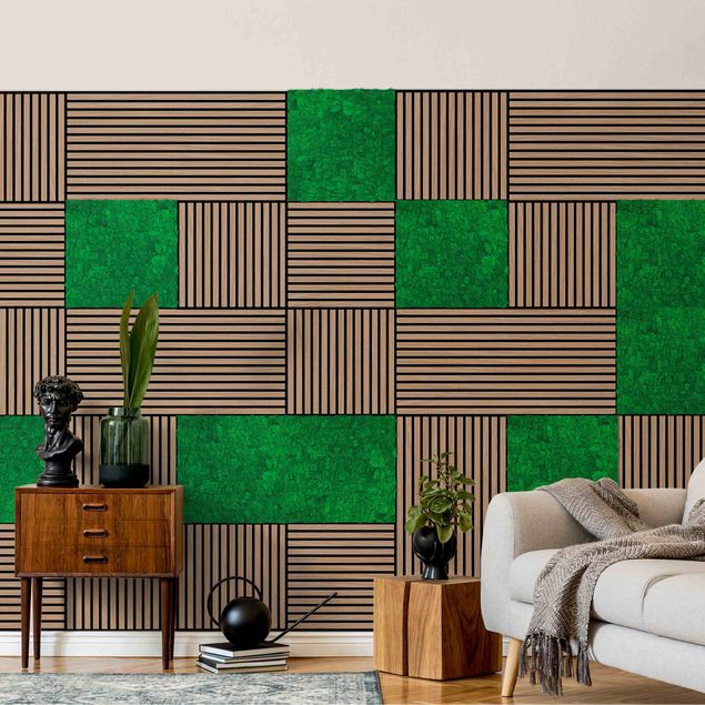 Wandbilder Holzwand Eiche dunkel & Mooswand fichtengrün Wandcollage