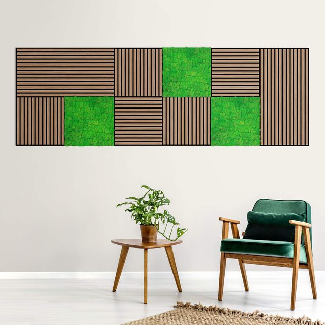 Bilder Holzwand Eiche dunkel & Mooswand grasgrün Wandcollage