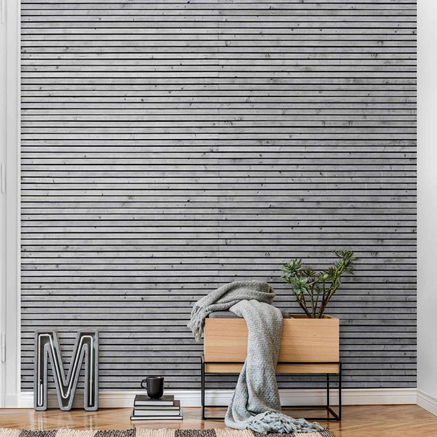Metallic Tapete  - Holzwand mit schmalen Leisten schwarz weiß