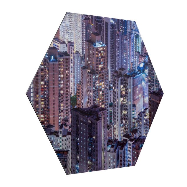 Hexagon Bild Alu-Dibond - Hongkong Lichtermeer