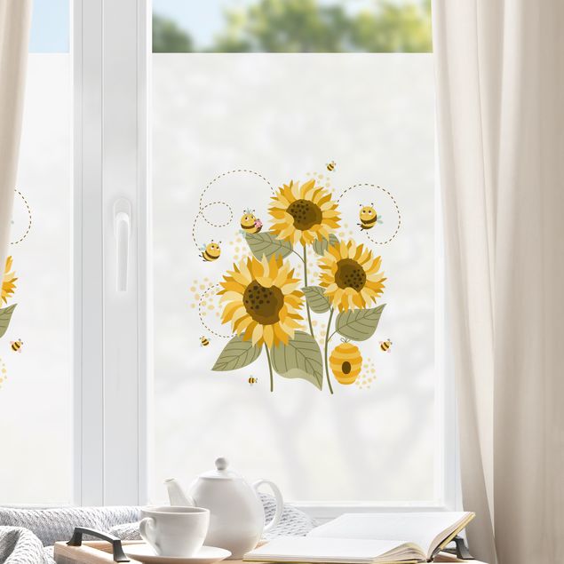 Fensterbilder Blumen Honigbienen auf Sonnenblumen