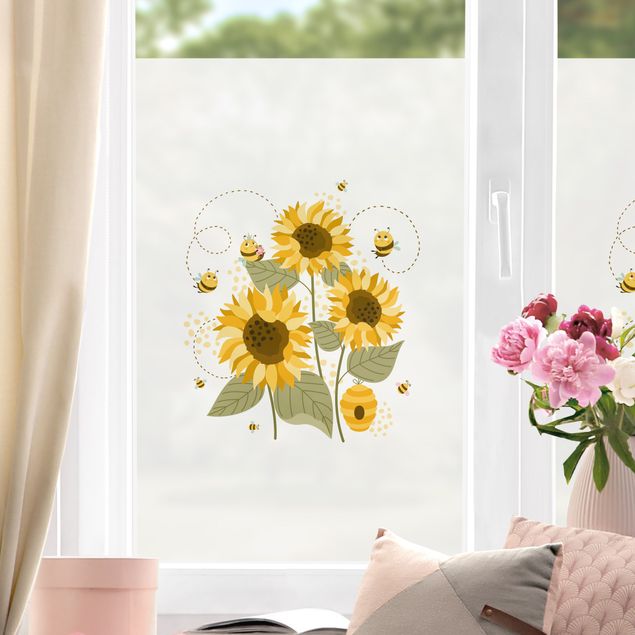 Fensterfolie Blumen Honigbienen auf Sonnenblumen