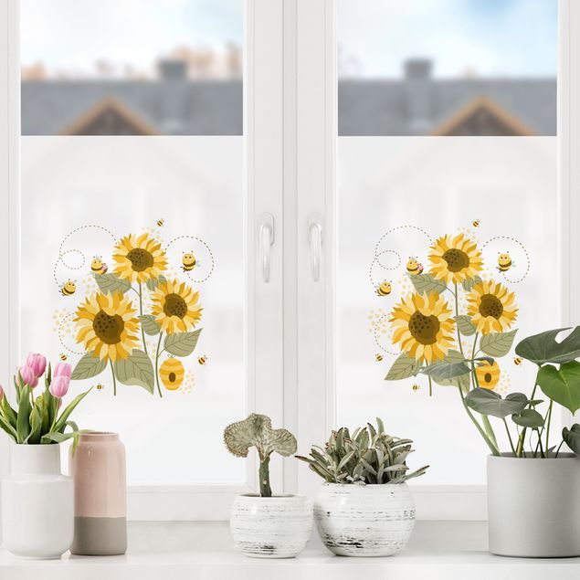 Fensterfolie bunt Honigbienen auf Sonnenblumen