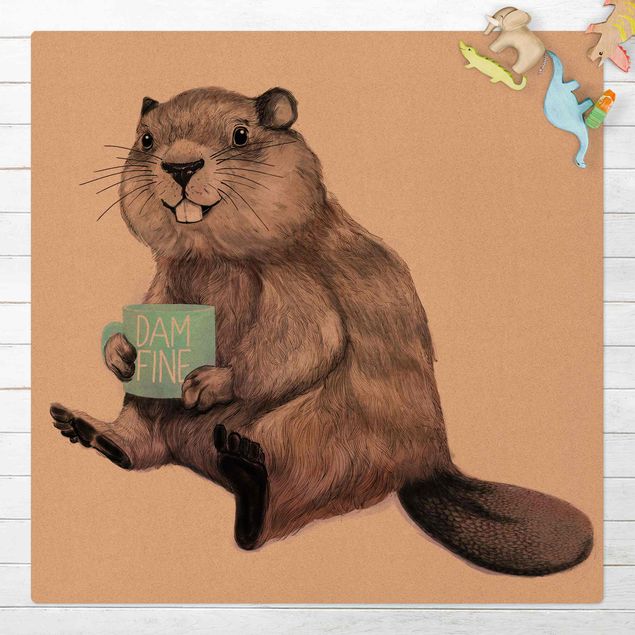 Kinderteppich Tiere Illustration Biber mit Kaffeetasse