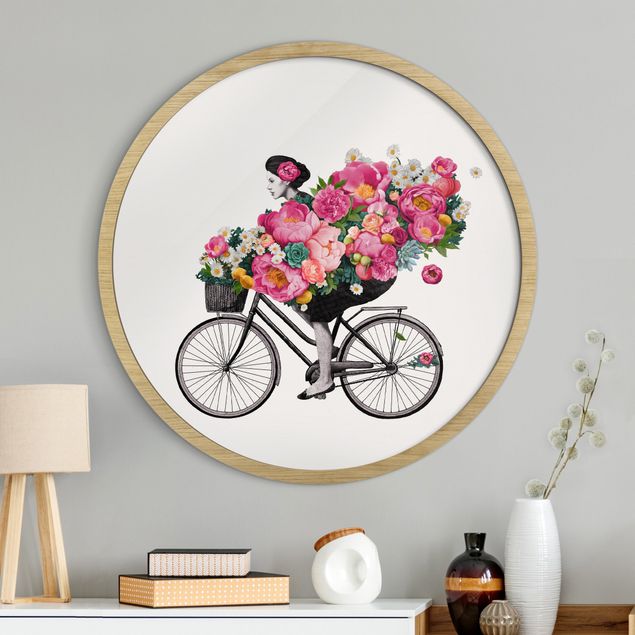 Runde Wandbilder Illustration Frau auf Fahrrad Collage bunte Blumen