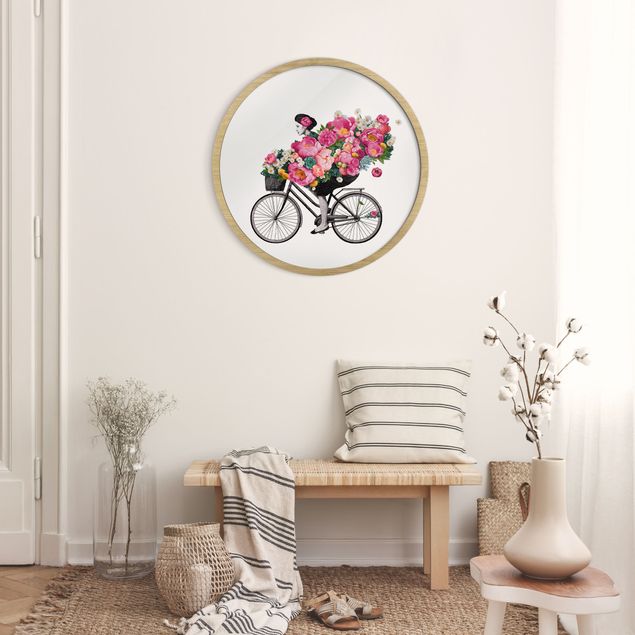 Moderne Bilder mit Rahmen Illustration Frau auf Fahrrad Collage bunte Blumen