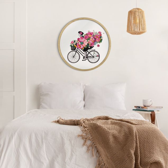Blumen Bilder mit Rahmen Illustration Frau auf Fahrrad Collage bunte Blumen