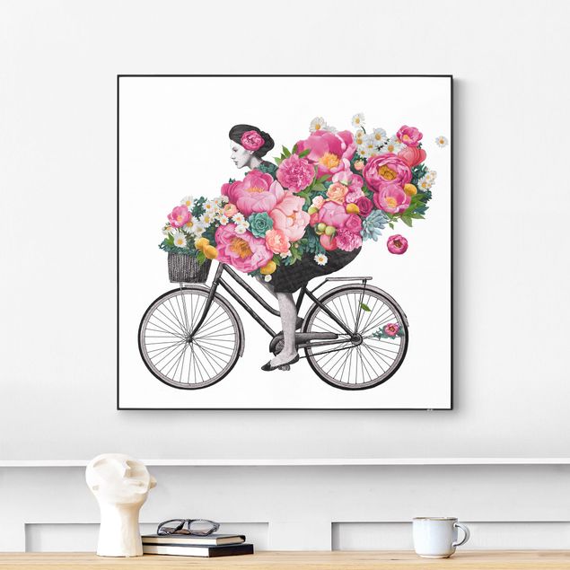 Wechselbild - Illustration Frau auf Fahrrad Collage bunte Blumen