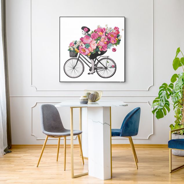 Bilder Illustration Frau auf Fahrrad Collage bunte Blumen