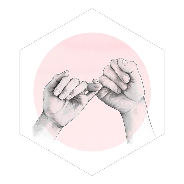Hexagon Mustertapete selbstklebend - Illustration Hände Freundschaft Kreis Rosa Weiß