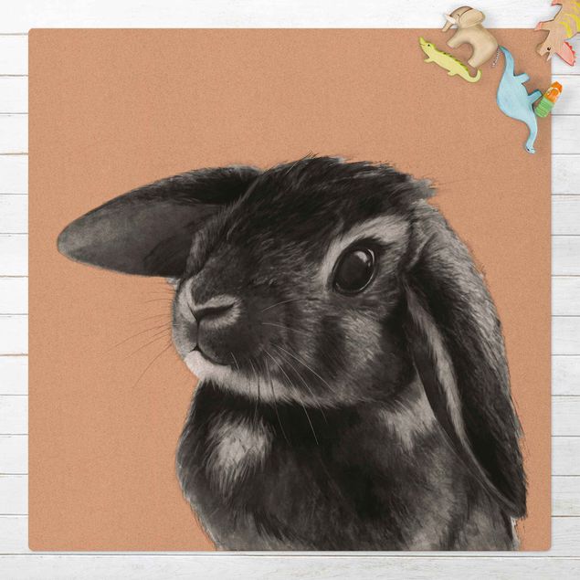 Teppich modern Illustration Hase Schwarz Weiß Zeichnung