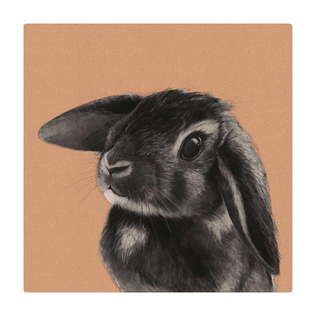 Kork-Teppich - Illustration Hase Schwarz Weiß Zeichnung - Quadrat 1:1