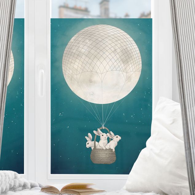 Fensterbilder Tiere Illustration Hasen Mond-Heißluftballon Sternenhimmel