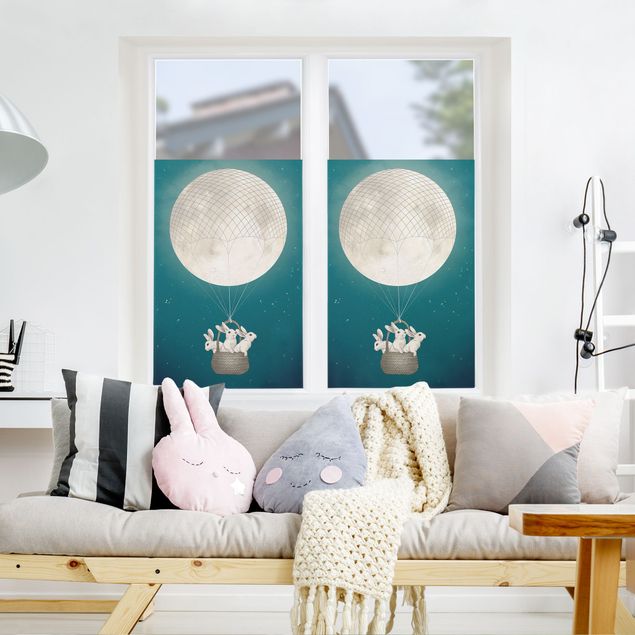 Fensterfolie Illustration Hasen Mond-Heißluftballon Sternenhimmel