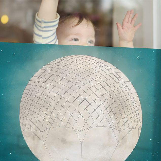 Fensterbilder Illustration Hasen Mond-Heißluftballon Sternenhimmel