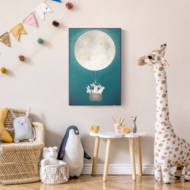 schöne Bilder Illustration Hasen Mond-Heißluftballon Sternenhimmel
