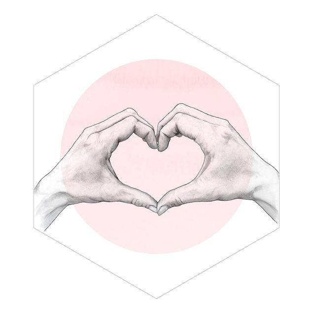 Hexagon Mustertapete selbstklebend - Illustration Herz Hände Kreis Rosa Weiß