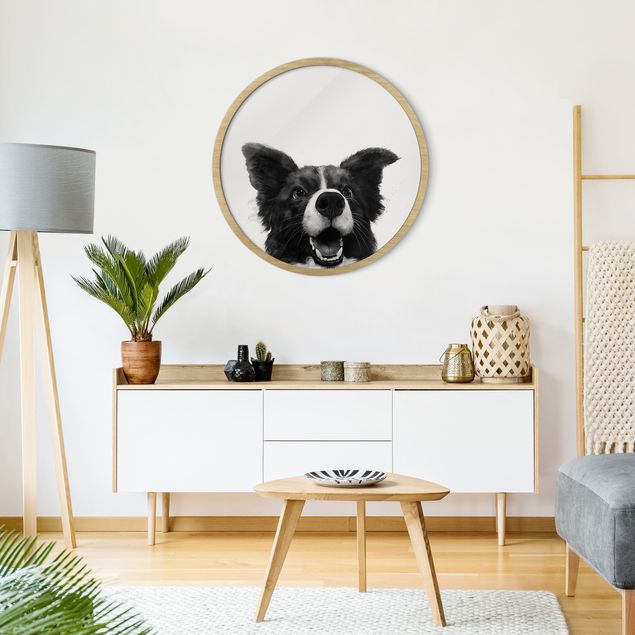 Moderne Bilder mit Rahmen Illustration Hund Border Collie Schwarz Weiß Malerei
