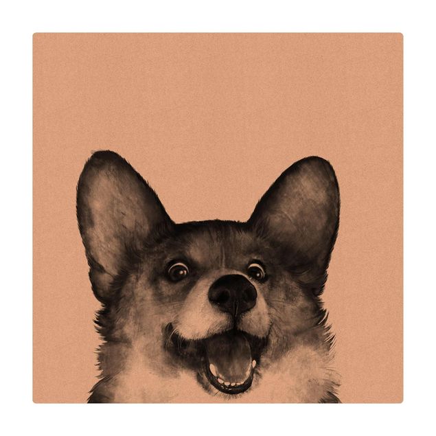 Kork-Teppich - Illustration Hund Corgi Weiß Schwarz Malerei - Quadrat 1:1