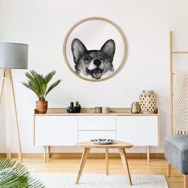 Tiere Bilder mit Rahmen Illustration Hund Corgi Weiß Schwarz Malerei