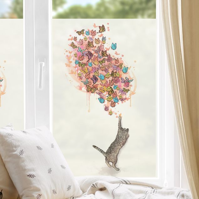 Tier Fensterbilder Illustration Katze mit bunten Schmetterlingen Malerei