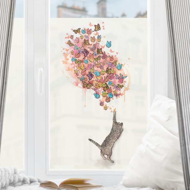 bunte Fensterfolie Illustration Katze mit bunten Schmetterlingen Malerei