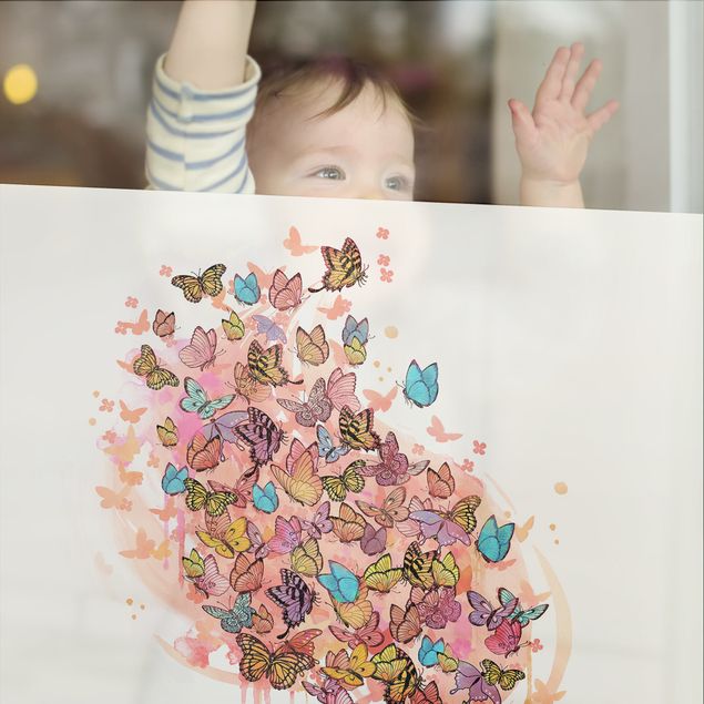 Fensterbilder selbstklebend Illustration Katze mit bunten Schmetterlingen Malerei