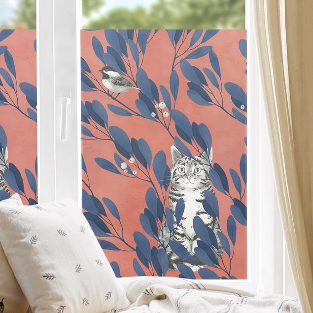 Tier Fensterbilder Illustration Katze und Vogel auf Ast Blau Rot