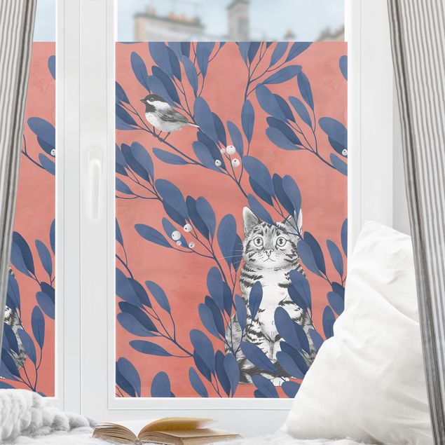 bunte Fensterfolie Illustration Katze und Vogel auf Ast Blau Rot