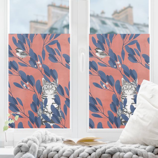 Klebefolie Fenster Illustration Katze und Vogel auf Ast Blau Rot