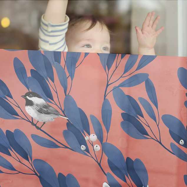 Fensterbilder selbstklebend Illustration Katze und Vogel auf Ast Blau Rot