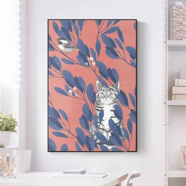 Akustik-Wechselbild - Illustration Katze und Vogel auf Ast Blau Rot