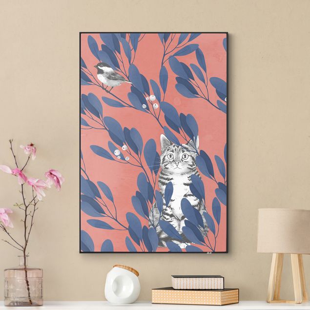 Graves Bilder Illustration Katze und Vogel auf Ast Blau Rot
